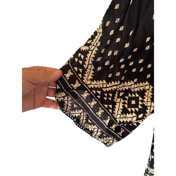 Angie Boho Black Cream Geometric Lace Crochet Top Womens S Rayon Blouse Festival - Picture 5 of 7